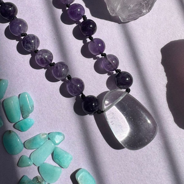 AMETHYST & Clear Quartz drop beaded crystal necklace