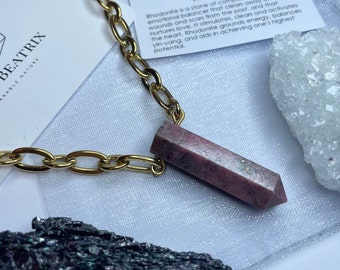 RHODONITE point gold stainless steel chain necklace