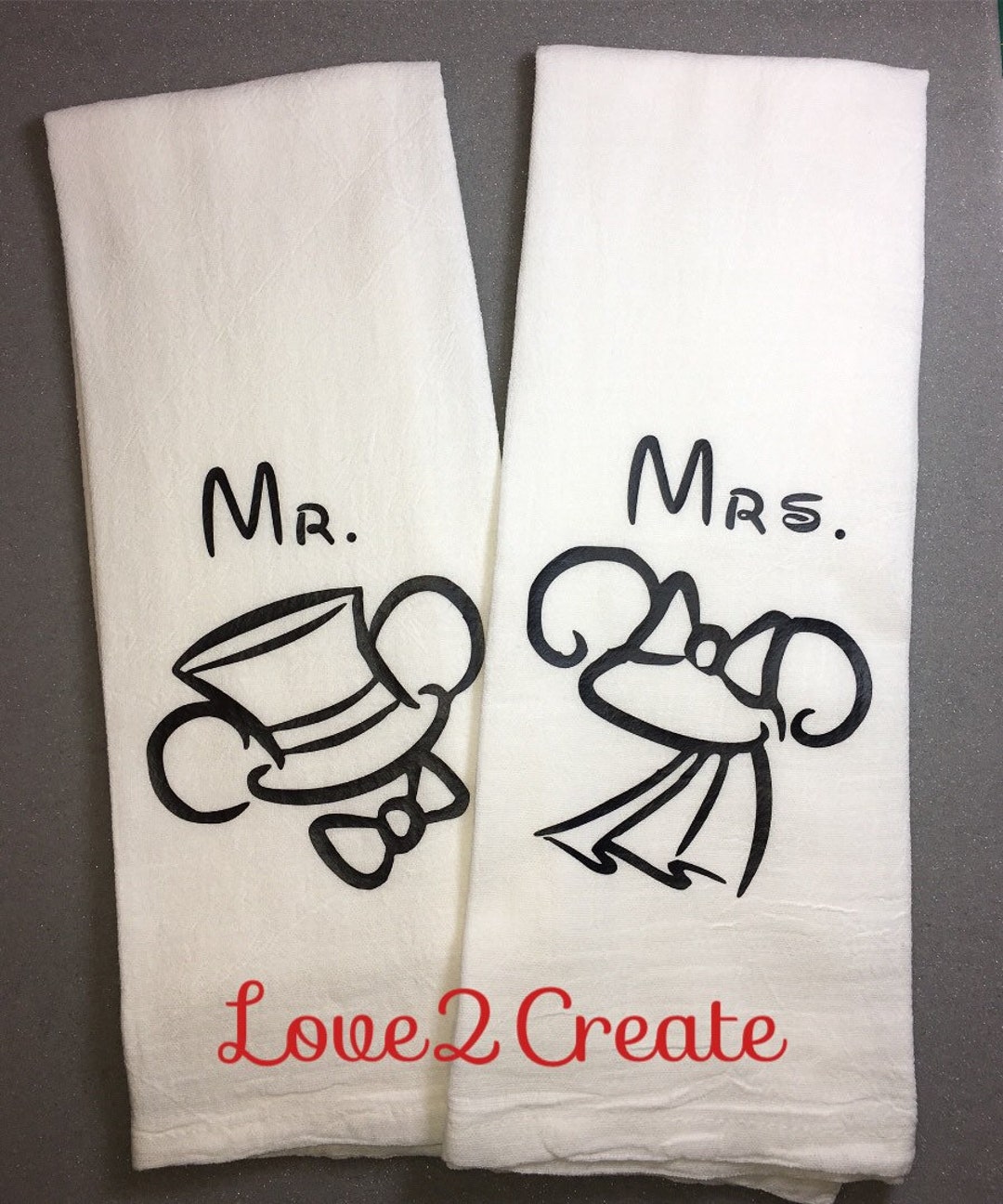 Mr and Mrs Kitchen Towel Set, Bride and Groom Kitchen Towels, Mickey