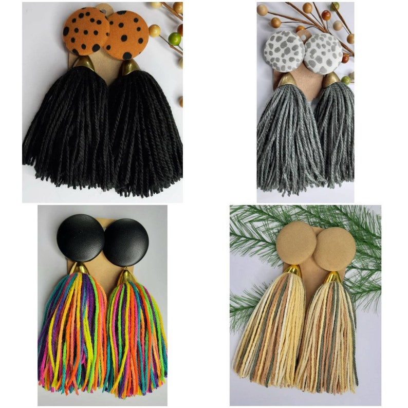 Full Yarn and Tassel Earrings With Extra Large Buttons Etsy