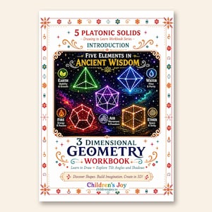 Arbetsbok med platonska solider för barn, lär dig att rita 5 heliga 3D-former och element, utskrivbar STEM-geometri i PDF-format
