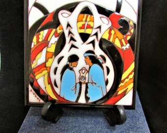 Ceramic Art Tile by artist Leone Kuhne " Navajo Wedding 1984 "