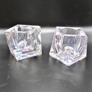 Vintage Crystal Glass Cube Candle Holders, Set Of 2