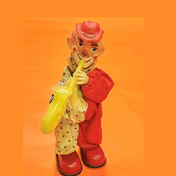 Vintage CLOWN with SAXOPHONE Wind Up Toy