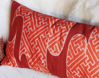 Rare Japanese Obi Silk Pillow Cover, Vintage Red Waves, Handmade Cushion (56x28 cm)