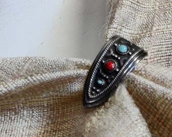 Antique Silver Brooch Pin with Turquoise and Coral, Handmade 1960s Jewelry