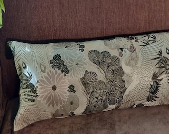 Japanese Silk Obi Pillow Cover, Lucky Phoenix Bird Chrysanthemums, Vintage Cushion (29x12.2" )