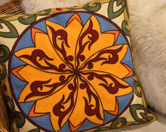 Mandala Pillow Cover, Crocheted Decorative Boho Cushion, 44x45 cm