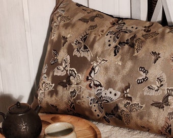 Unique Japanese Antique Silk Fabric Pillow, Lovely Green Butterfly Pattern, Handmade Cushion Cover, 50x32 cm (19.68"x12.59")