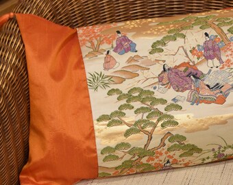 Japanese Geisha Silk Pillow Cover, Vintage Obi Landscape, 60x35 cm