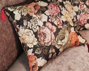 Floral Tapestry Cushion Cover, Woven Pillow with Silky Tassels, 16.14"