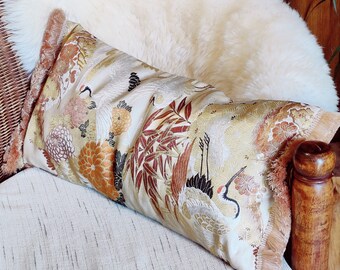 Japanese Obi Silk Fabric Pillow, Lucky Crane Bird Motifs and Chrysanthemums, Handmade Vintage Cushion Cover, 60x31 cm (23.62"x12.20")
