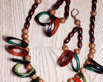 Tagua Nut Accessory, Multicolored Jewelry Set, Eco Friendly Vegetable Ivory Necklace and Earrings