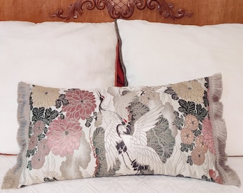 Japanese Silk Obi Pillow, Lucky Crane and Chrysanthemum Cushion, Vintage Handmade