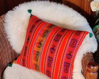 Peruvian Wool Pillow Cover, Tiahuanaco Figures, Red Boho Cushion with Tassels