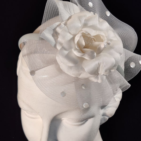 Lovely Bridal Fascinator, Handmade Ivory White Rose on Pastel Green Headband. Ladies Floral Head Accessory.