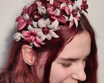 Floral Head Accessory, Bridal Fascinator, Lovely Handmade Pink and Grey Flowers on Silvery Headband.
