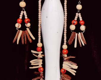 Handmade Jewelry Set, Cream Orange Brown Tagua Necklace Earrings