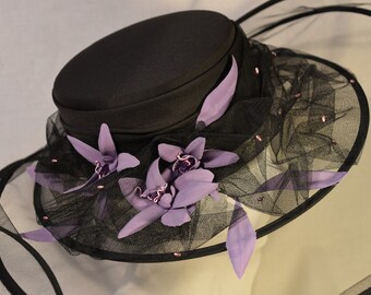 Black Ascot Hat, Violet Flower Fascinator, Tulle Wedding Hat