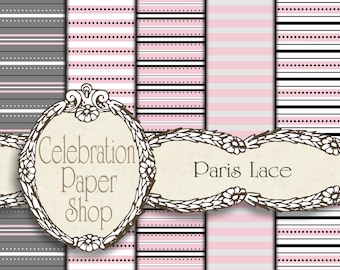 Black and Pink Striped Digital Paper, Paris Digital Paper for Paris Theme Paper Crafts, Digital Scrapbook Paper & Background Paper.