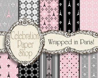 Paris Digital Paper, Eiffelturm, Fleur de Lis, rosa-schwarz Digital Paper, Paris Theme für Papierhandwerk & schwarz-rosa Hintergrundpapier.
