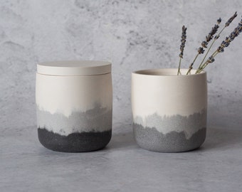 Handmade white and grey/black ombre Jesmonite pot with lid