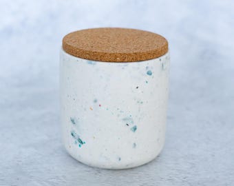 Handmade terrazzo Jesmonite pot with cork lid
