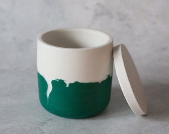 Handmade white and teal Jesmonite pot with lid