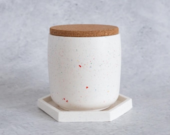 Handmade terrazzo Jesmonite pot with cork lid and matching coaster