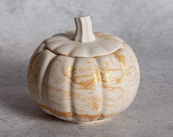 Handmade Halloween marbled white and gold pumpkin Jesmonite pot with lid