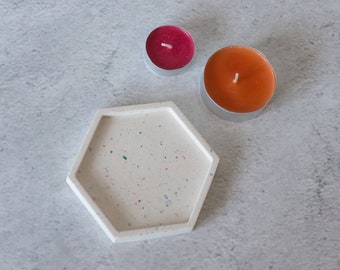 Handmade white terrazzo hexagon coaster/trinket trays: hot and cold mix 03