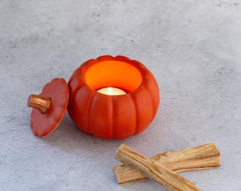 Handmade Halloween orange pumpkin Jesmonite pot with lid