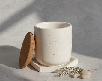 Handmade terrazzo Jesmonite pot with cork lid and matching coaster