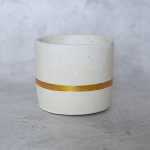 May include: A small, off-white cylindrical planter with a horizontal gold band. The planter has a smooth, matte finish and is suitable for small plants or succulents. The gold band adds a touch of elegance to the simple design.