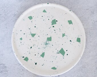 Large handmade white and green terrazzo Jesmonite decorative plate/centrepiece/tray