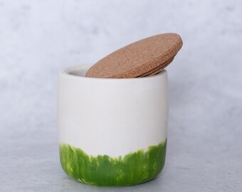 Handmade white and grass green Jesmonite pot with lid