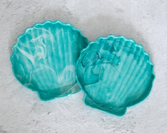 Marbled teal handmade seashell Jesmonite trinket tray