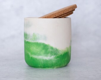 Handmade white and apple green Jesmonite pot with lid