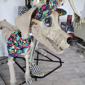 May include: A dog skeleton wearing a tropical print visor, bandana, and checkered sandals. The colorful print features pink flamingos, green leaves, and other tropical elements on a navy blue background. The skeleton is standing on a black metal frame.