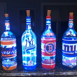 Custom NFL Sports Teams and Baseball Teams Large Decorated Recycled Wine Bottle with LED String Lights