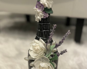 SALE Black decorated floral bottle / Home decor / Garden / Purple flowers / Housewarming / Pearls