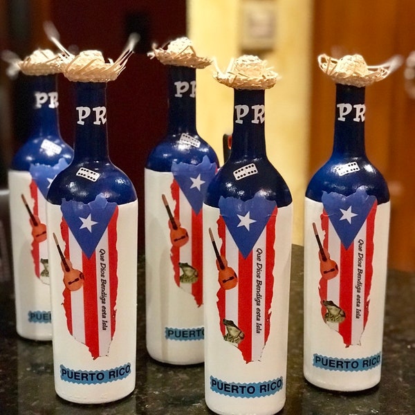 PUERTO RICO Que Dios Bendiga Puerto Rico Decorated Boricua Bottle/Souvenir/P.R Flag /La Isla del encanto (EMPTY/Jibaro hat included/No cork