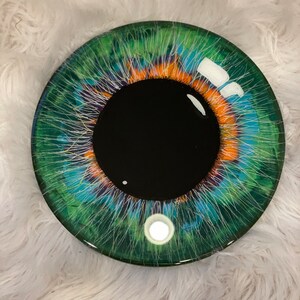 May include: A circular decorative item resembling an eye, with a detailed iris. The iris is a mix of green, blue, orange, and white, encircling a black pupil. The artwork is set against a fluffy white background.