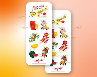 May include: Two sticker sheets featuring colorful illustrations of Vietnamese New Year symbols. Designs include a horse, gold coins, watermelon, and firecrackers. The stickers have the text "Chúc mừng năm mới" and "Tết".
