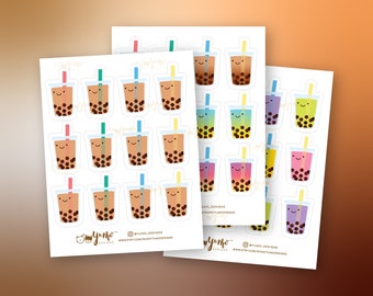 Mini Boba - Hoja de pegatinas de colores degradados con té con leche, burbujas y perlas