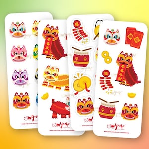 May include: Three sheets of stickers featuring a variety of Chinese New Year designs. The stickers include red and gold lion dancers, red envelopes, firecrackers, and drums. The stickers are perfect for adding a festive touch to your crafts, gifts, and more.
