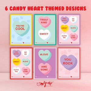 May include: Six printable Valentine's Day cards featuring candy heart designs. Each card has a different message, such as "You're Cool", "Truly Kind", "You Rock", and "#Love".