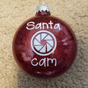 Santa Cam glittered plastic ornament, Glitter ornament, Santa Cam ornament, plastic ornament, disc glitter ornament, christmas decoration