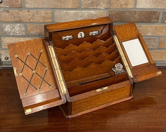 Superb Quality Late Victorian Antique Solid Oak Table Top Desk, Stationery Cabinet, Perpetual Calendar circa 1900