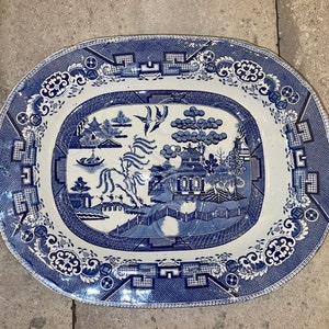 Superb Large 19th Century English Blue Willow Pattern Ironstone Meat Platter with Drain circa 1850